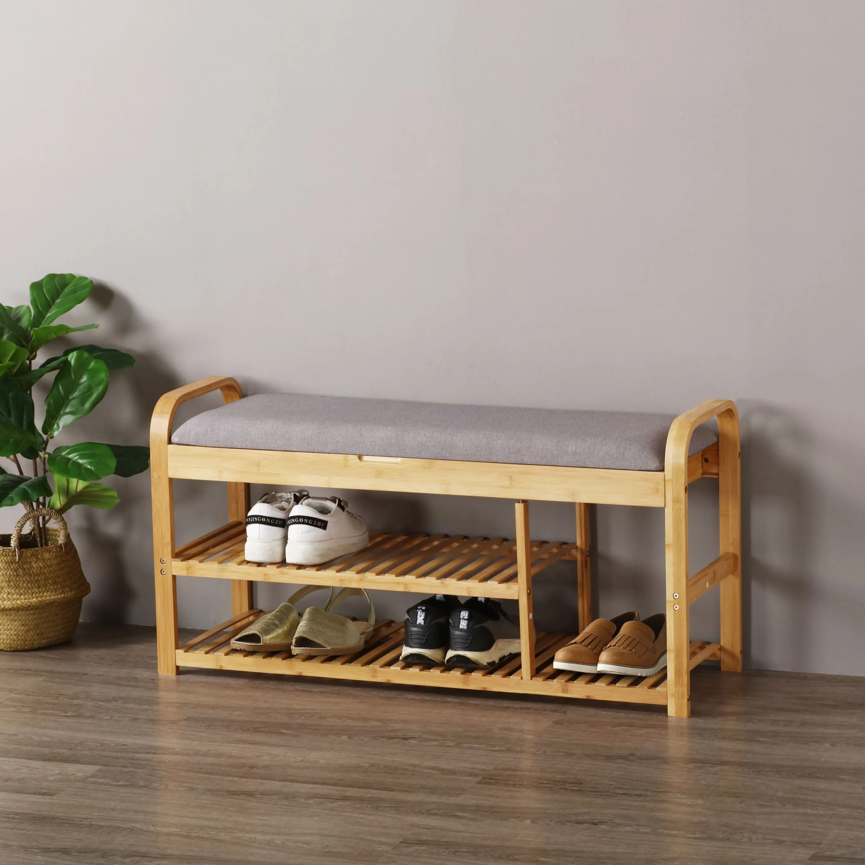 Bamboo Cushioned Bench Shoe Storage