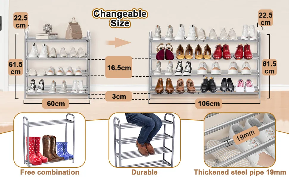 GEMITTO Shoe Rack Organizer for Closet Entryway, 4 Tiers Adjustable Heavy Duty Metal Shoe Storage Shelf, Large Enough for 20  Pairs of Shoes (23.6"~41.7"x8.9"x24.2")(Silver)