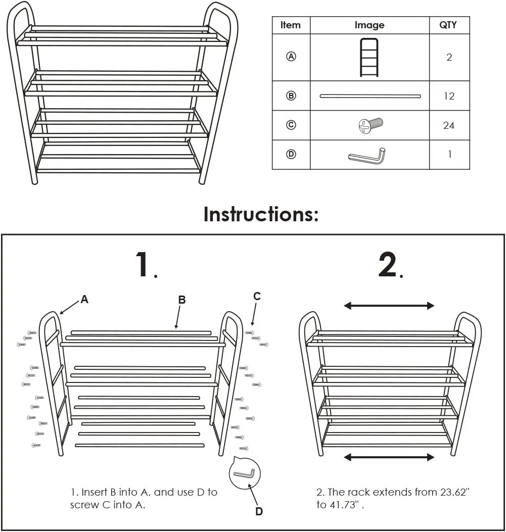 GEMITTO Shoe Rack Organizer for Closet Entryway, 4 Tiers Adjustable Heavy Duty Metal Shoe Storage Shelf, Large Enough for 20  Pairs of Shoes (23.6"~41.7"x8.9"x24.2")(Silver)