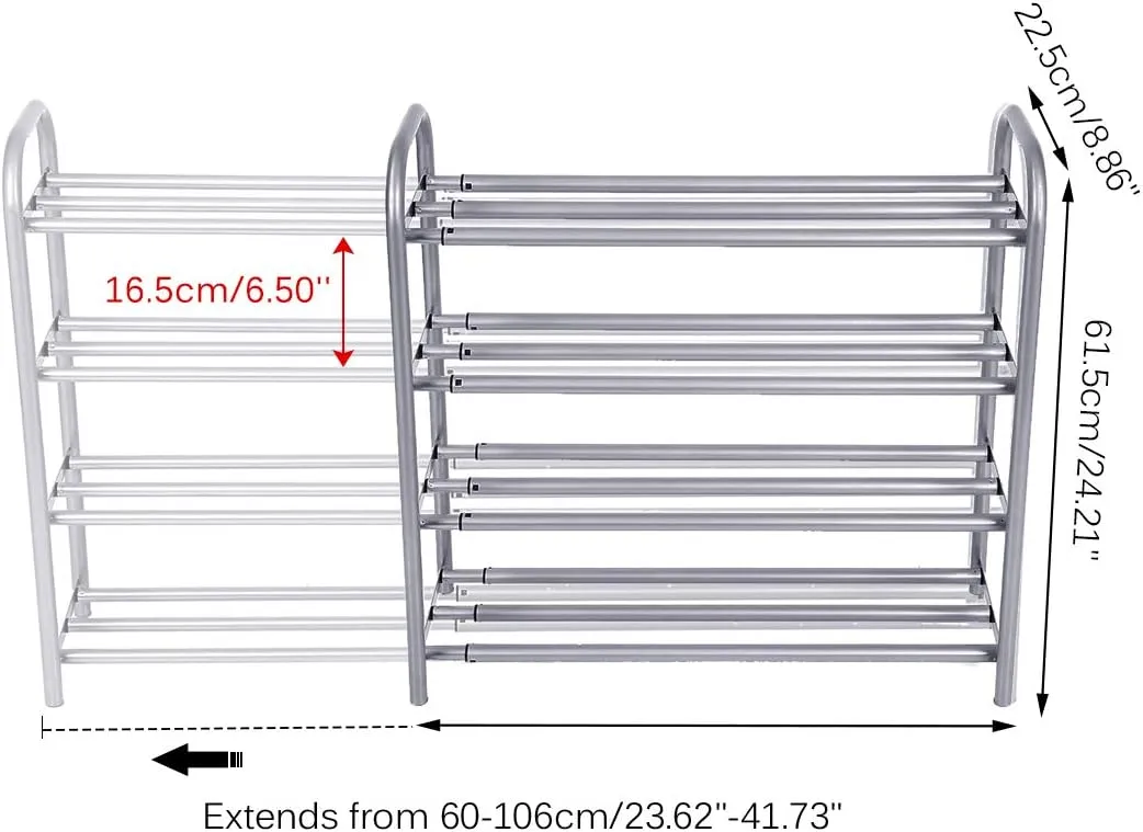 GEMITTO Shoe Rack Organizer for Closet Entryway, 4 Tiers Adjustable Heavy Duty Metal Shoe Storage Shelf, Large Enough for 20  Pairs of Shoes (23.6"~41.7"x8.9"x24.2")(Silver)