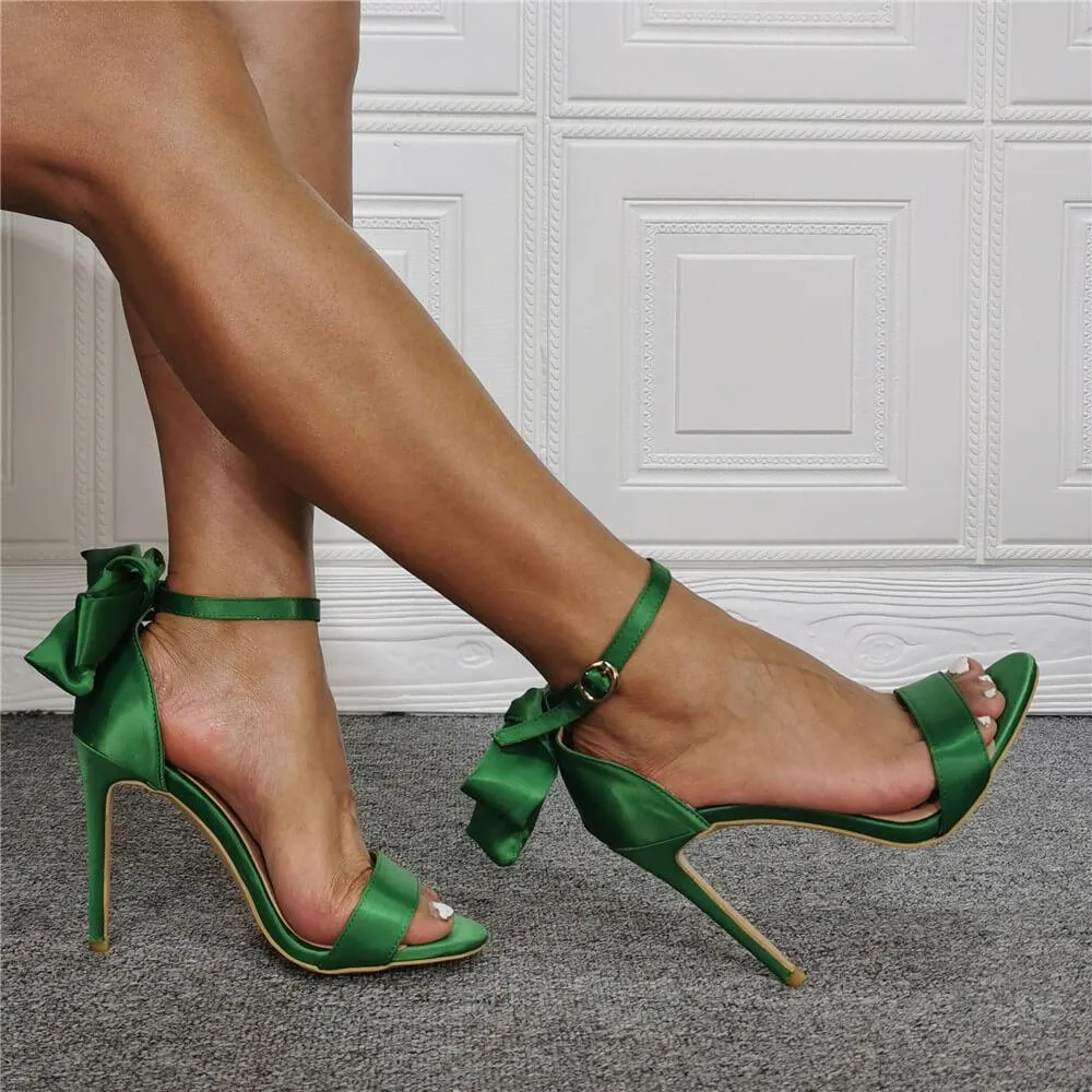 Green Bow Open Toe Silk High Heel Sandals