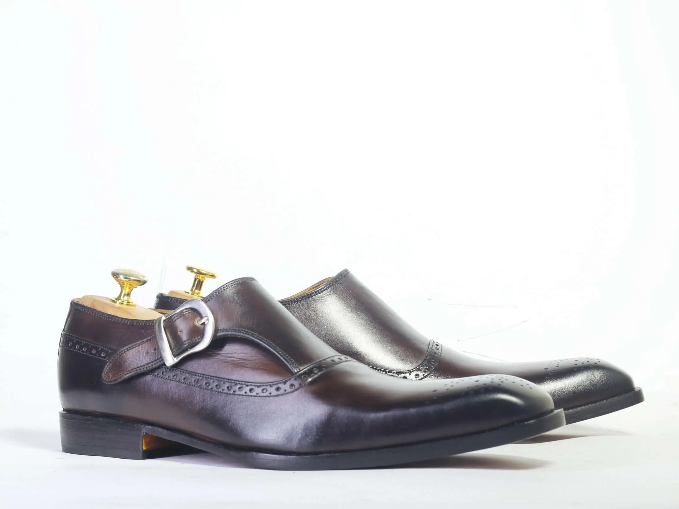 Handmade Men's Black Monk Strap Leather Shoes, Men Leather Dress Formal Shoes