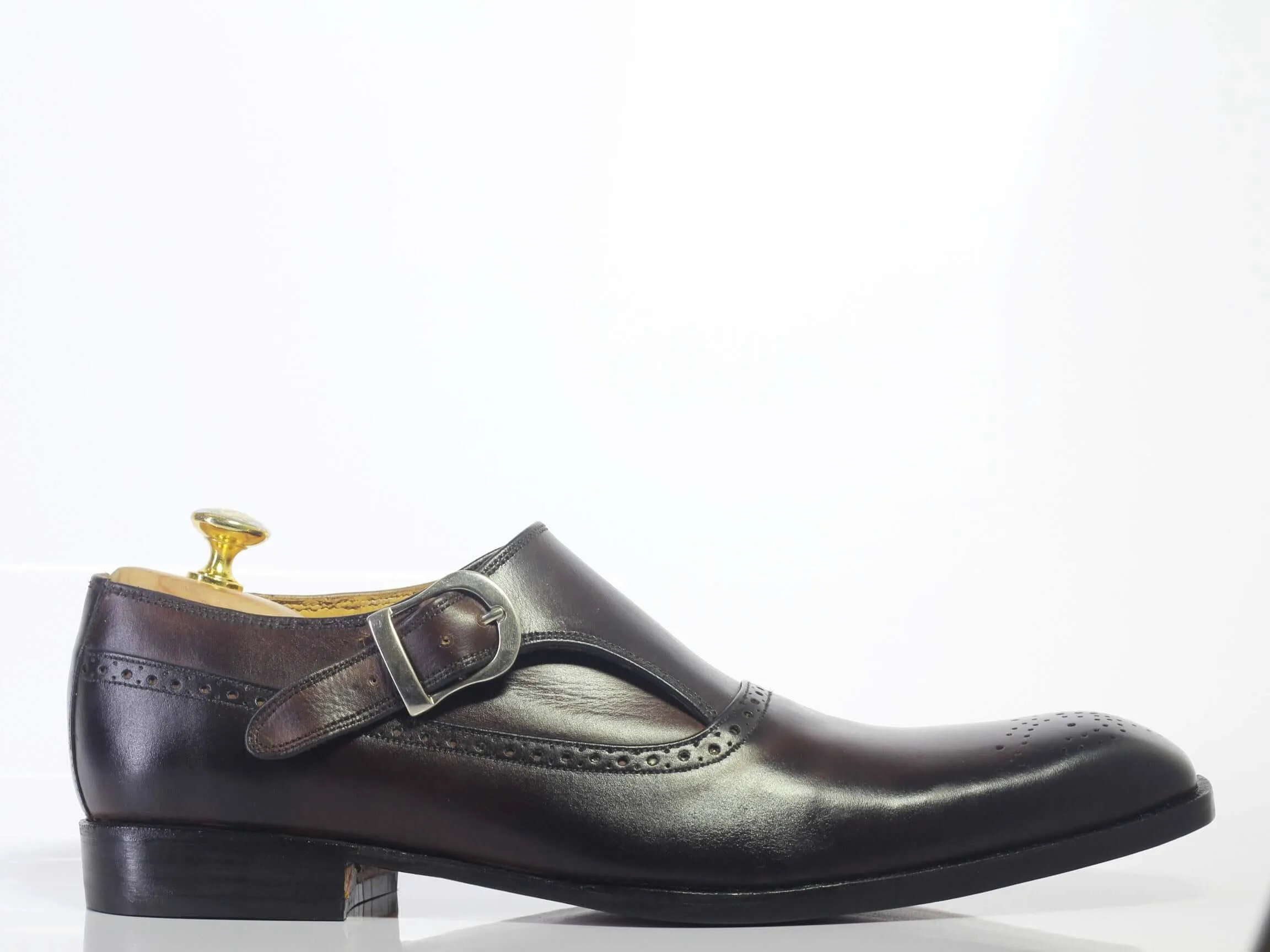 Handmade Men's Black Monk Strap Leather Shoes, Men Leather Dress Formal Shoes