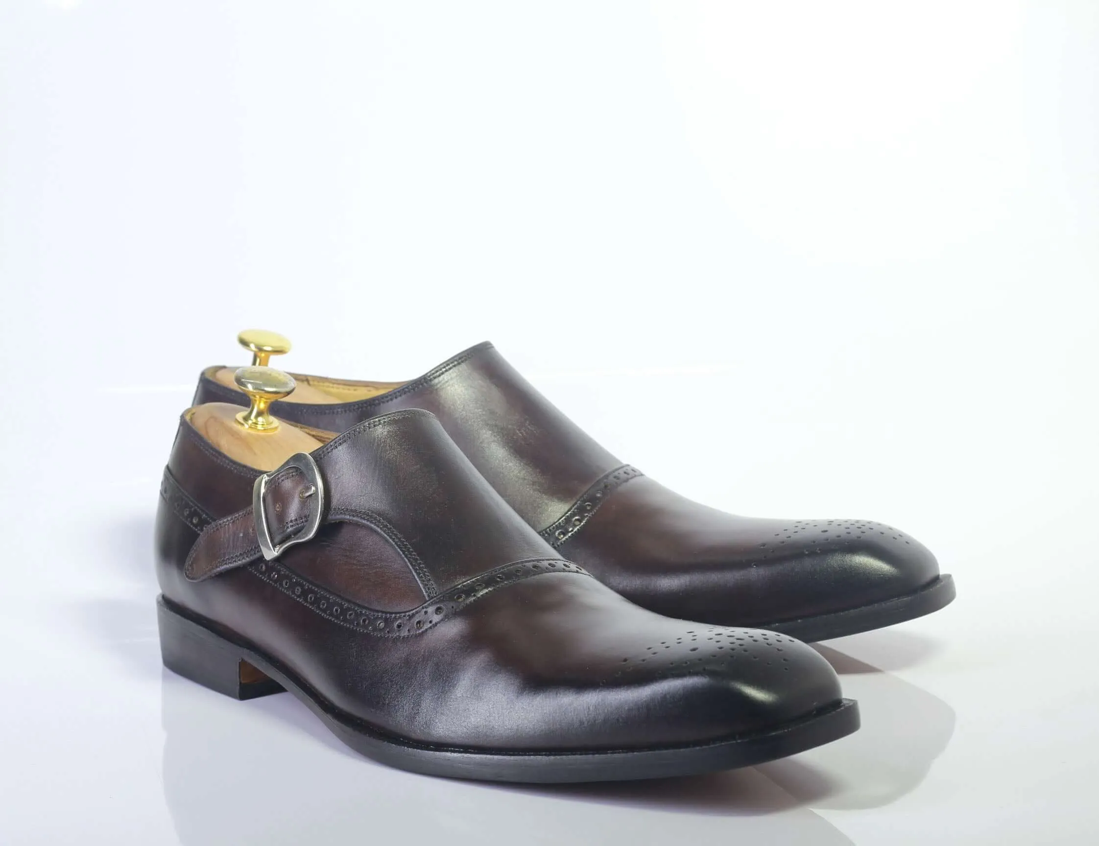 Handmade Men's Black Monk Strap Leather Shoes, Men Leather Dress Formal Shoes
