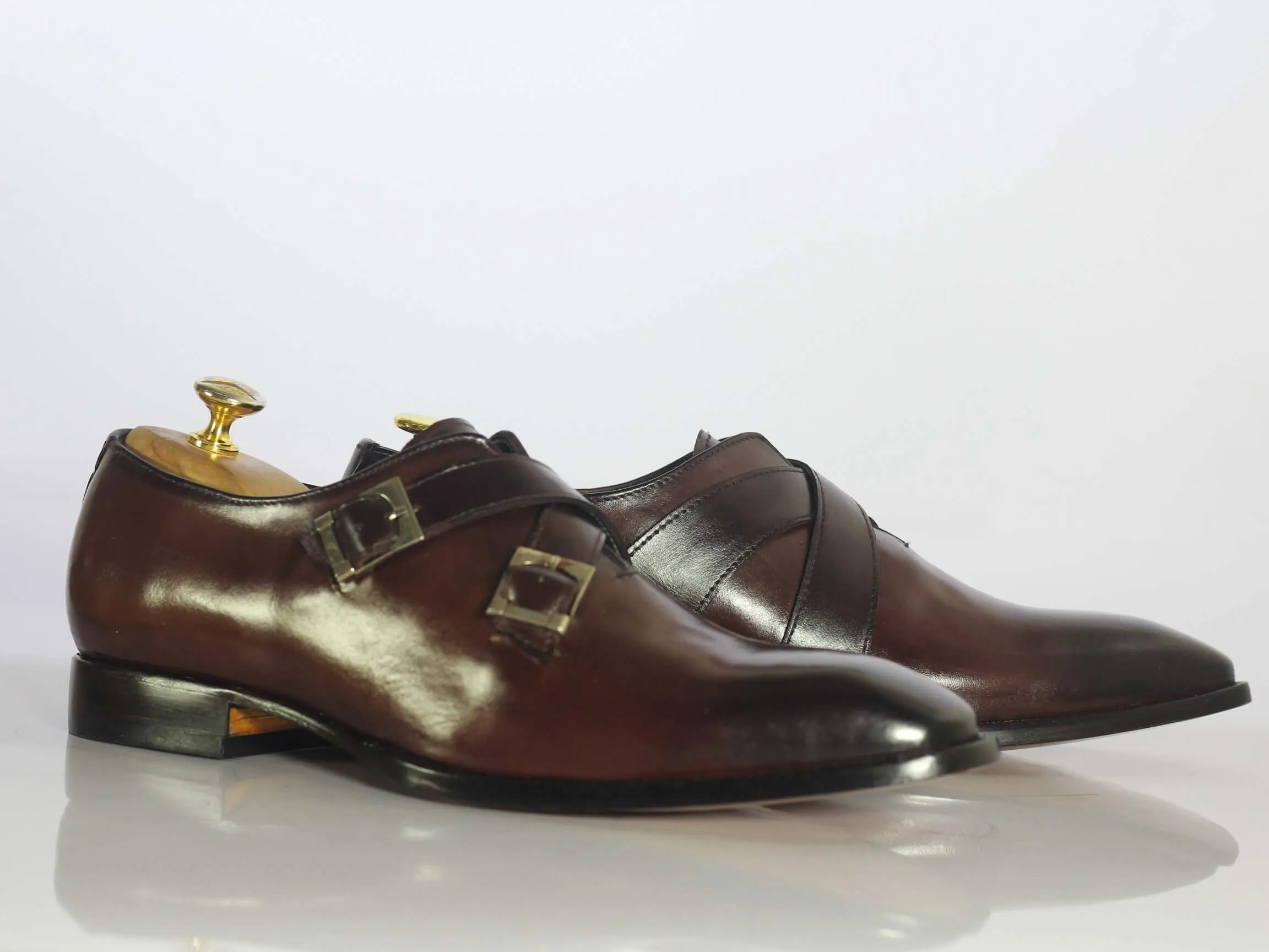 Handmade Men's Brown Double Monk Leather Shoes, Men Designer Dress Shoes