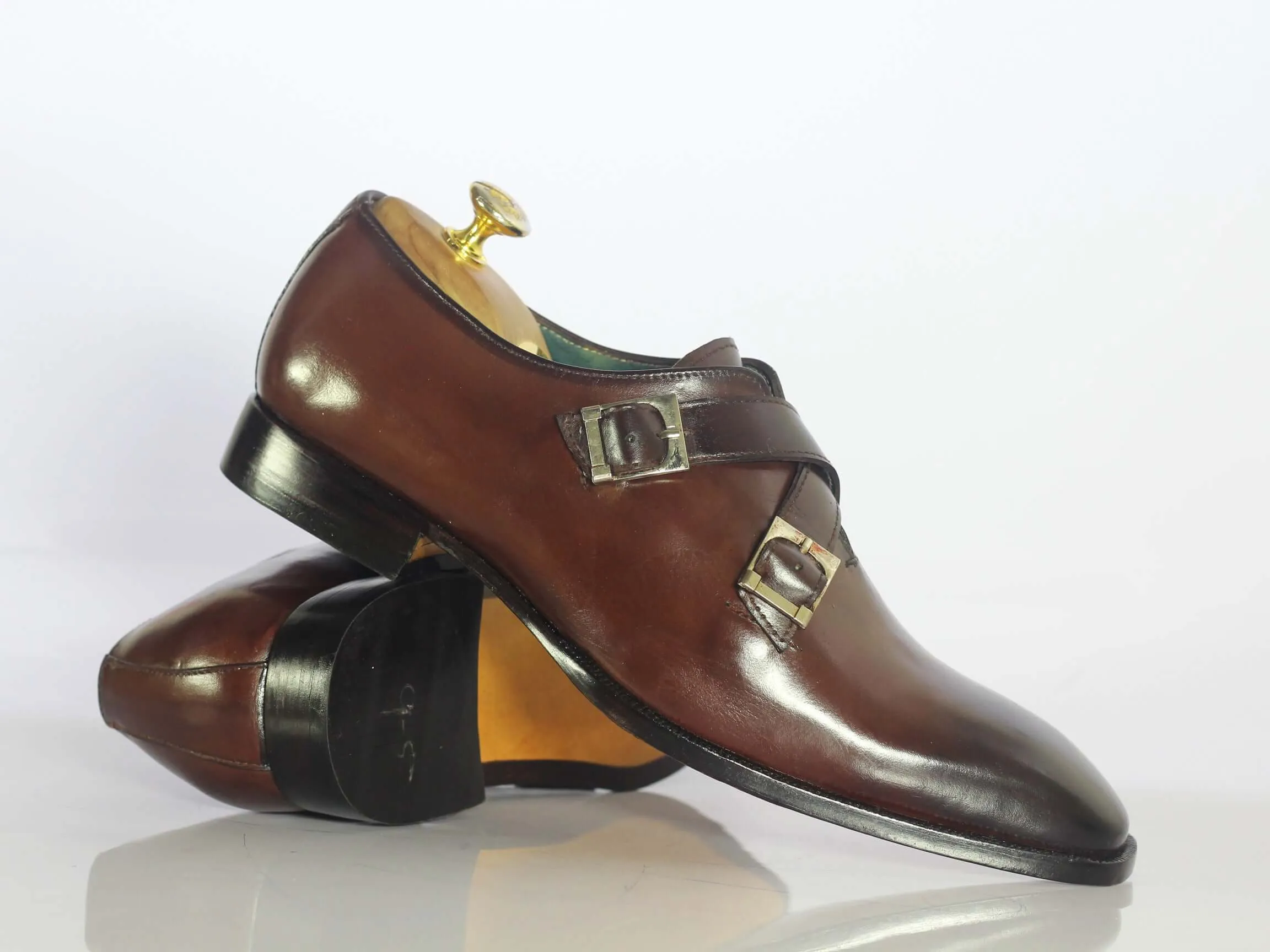 Handmade Men's Brown Double Monk Leather Shoes, Men Designer Dress Shoes