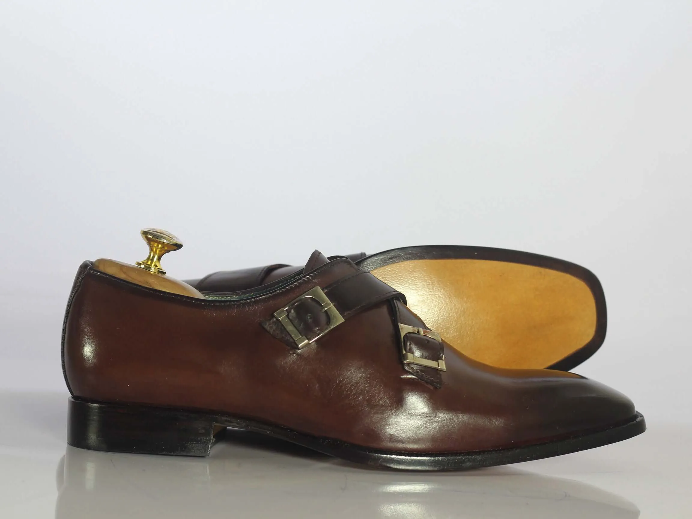 Handmade Men's Brown Double Monk Leather Shoes, Men Designer Dress Shoes
