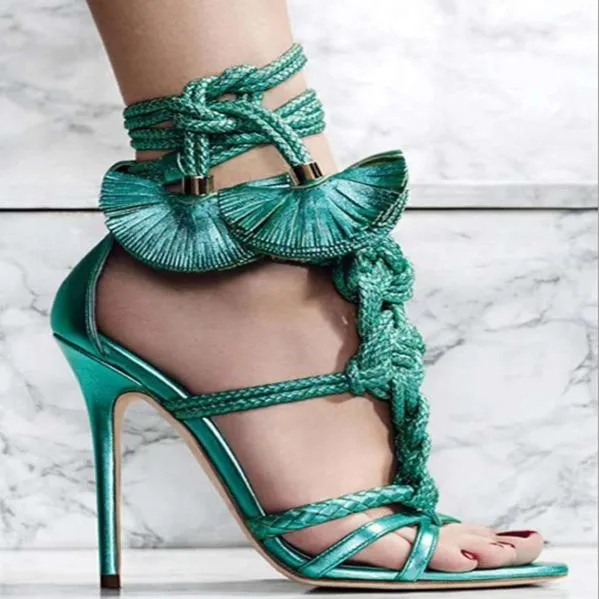 Lace Up High Heel Fringe Embellished Sandals