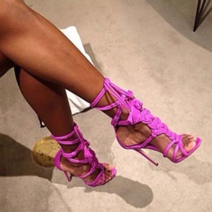 Lace Up High Heel Fringe Embellished Sandals