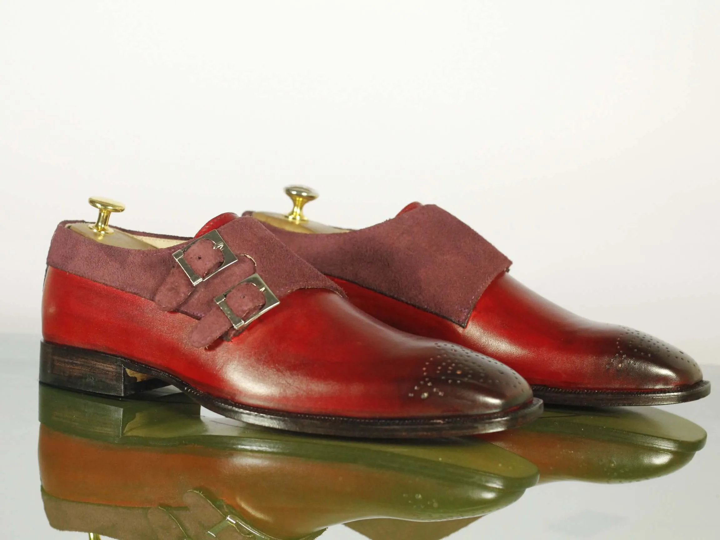 New Handmade Men's Burgundy Double Monk Strap Leather Suede Dress Shoes, Men Designer Fashion Shoes