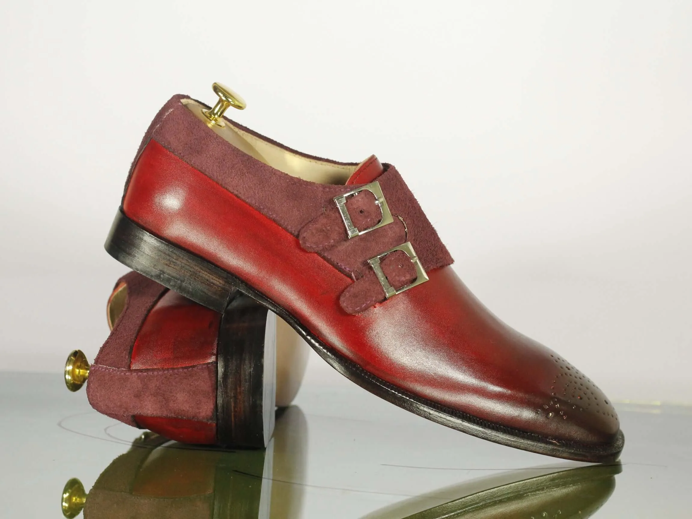 New Handmade Men's Burgundy Double Monk Strap Leather Suede Dress Shoes, Men Designer Fashion Shoes