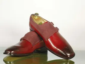 New Handmade Men's Burgundy Double Monk Strap Leather Suede Dress Shoes, Men Designer Fashion Shoes