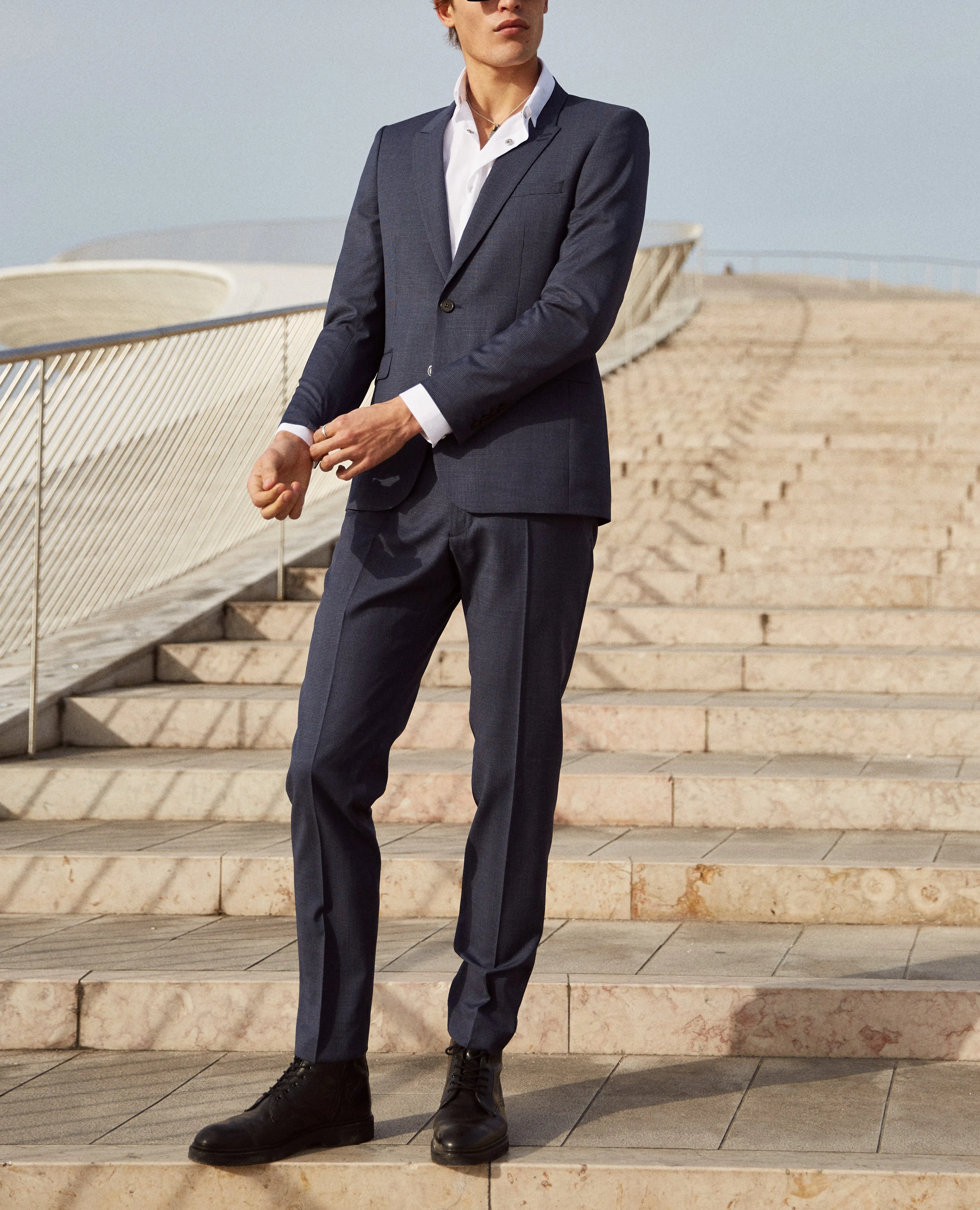 Pantalon de costume slim en laine bleu à micro carreaux