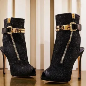 Party Black Sequin Peep Toe High Heel Sandals