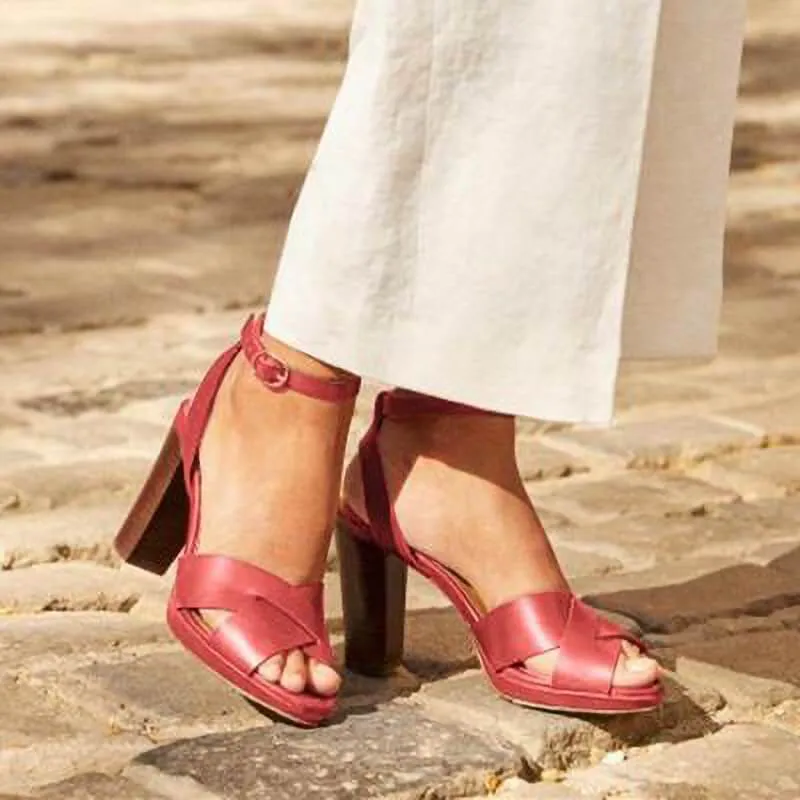 Peep Toe Leather Buckle High Chunky Heel Sandals