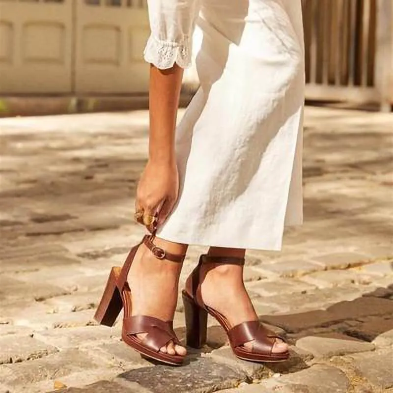 Peep Toe Leather Buckle High Chunky Heel Sandals