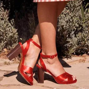 Peep Toe Leather Buckle High Chunky Heel Sandals