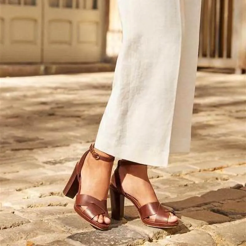 Peep Toe Leather Buckle High Chunky Heel Sandals