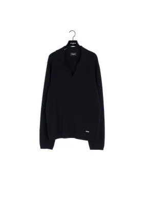 Pull laine mélangée noire à col polo