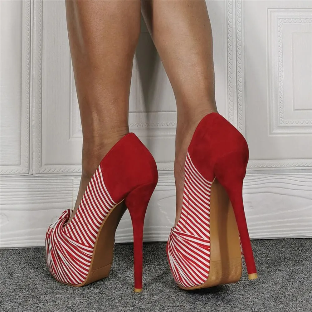 Red Suede Peep Toe Stripes High Heel Sandals