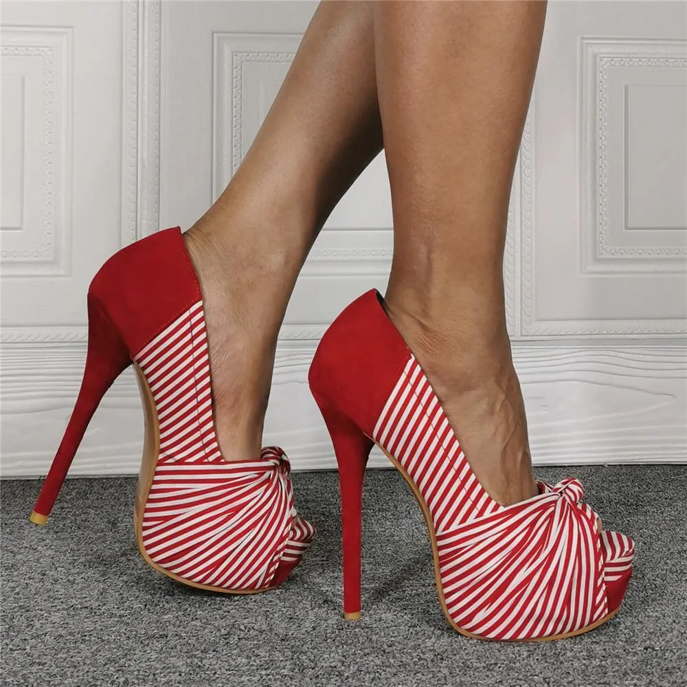 Red Suede Peep Toe Stripes High Heel Sandals
