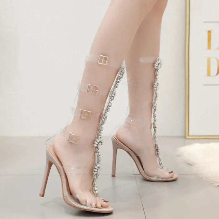 Rhinestone High Heels Buckle Clear Sandals