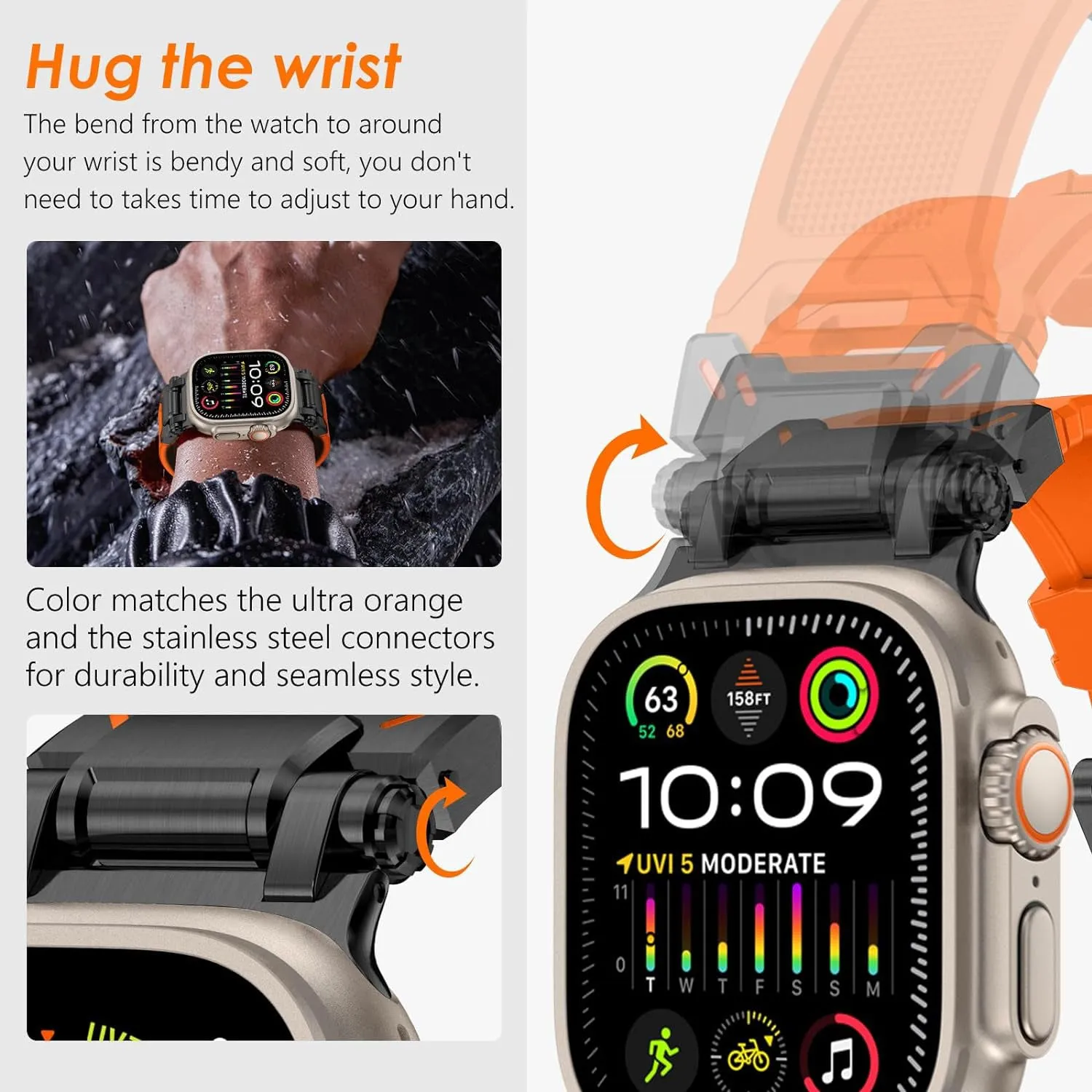 Rugged Band Sturdy Stainless Steel Connector Durable Silicone Band for iWatch Series SE2