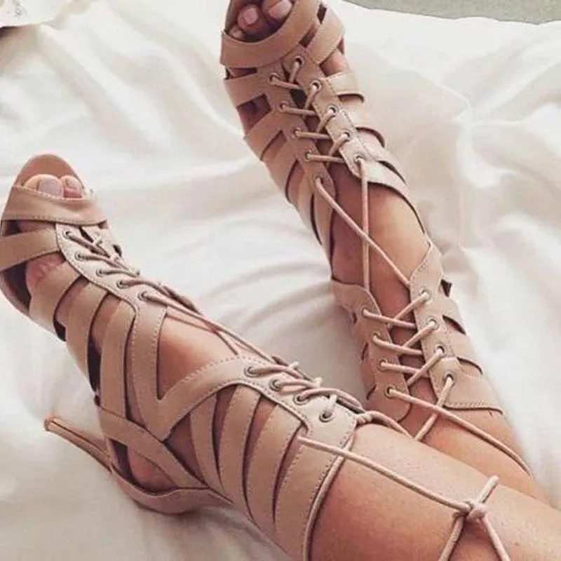 Sexy Apricot Peep Toe Cutout Strap High Heel Sandals