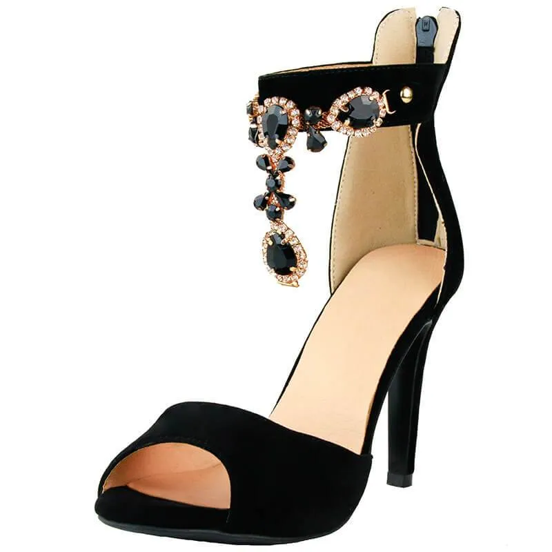 Sexy Black Suede Peep Toe Rhinestone High Heel Sandals