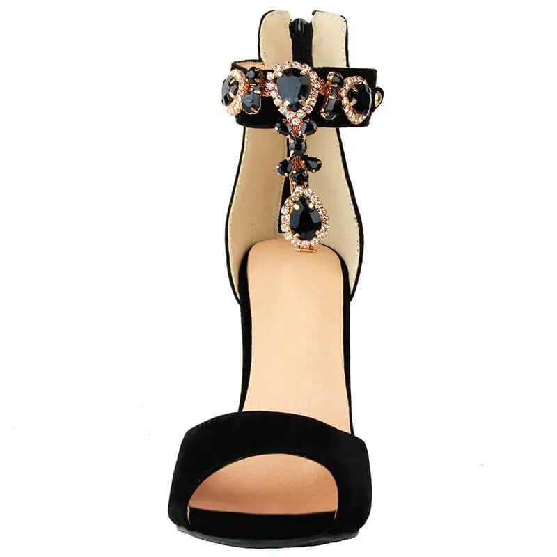 Sexy Black Suede Peep Toe Rhinestone High Heel Sandals
