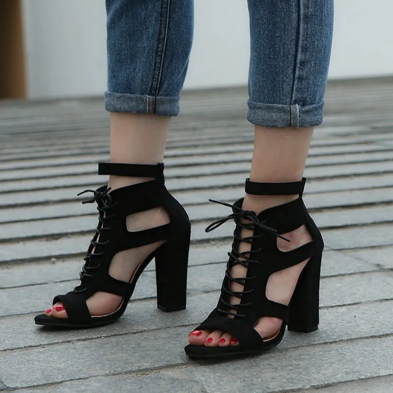 Suede Lace Up Peep Toe Chunky Heel Sandals