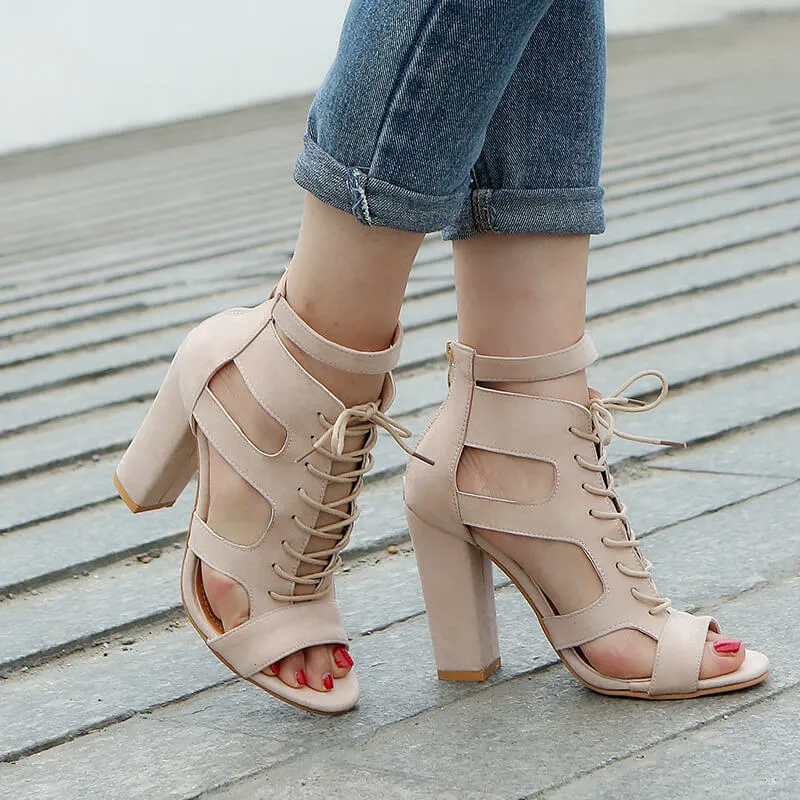 Suede Lace Up Peep Toe Chunky Heel Sandals