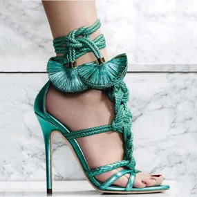 Summer Open Toe Strap Leather Embellished High Heel Sandals