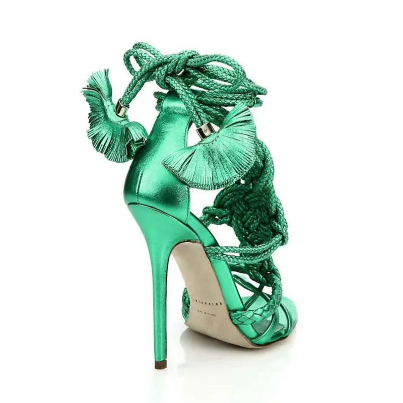 Summer Open Toe Strap Leather Embellished High Heel Sandals