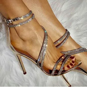 Summer Rhinestone Buckle Open Toe High Heel Sandals