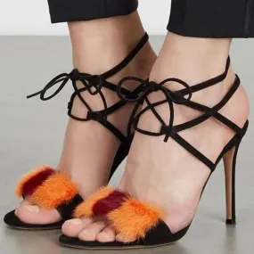 Summer Strap Fur Leather High Heel Sandals