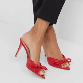 Summer Suede Bow Peep Toe High Heel Mule Sandals