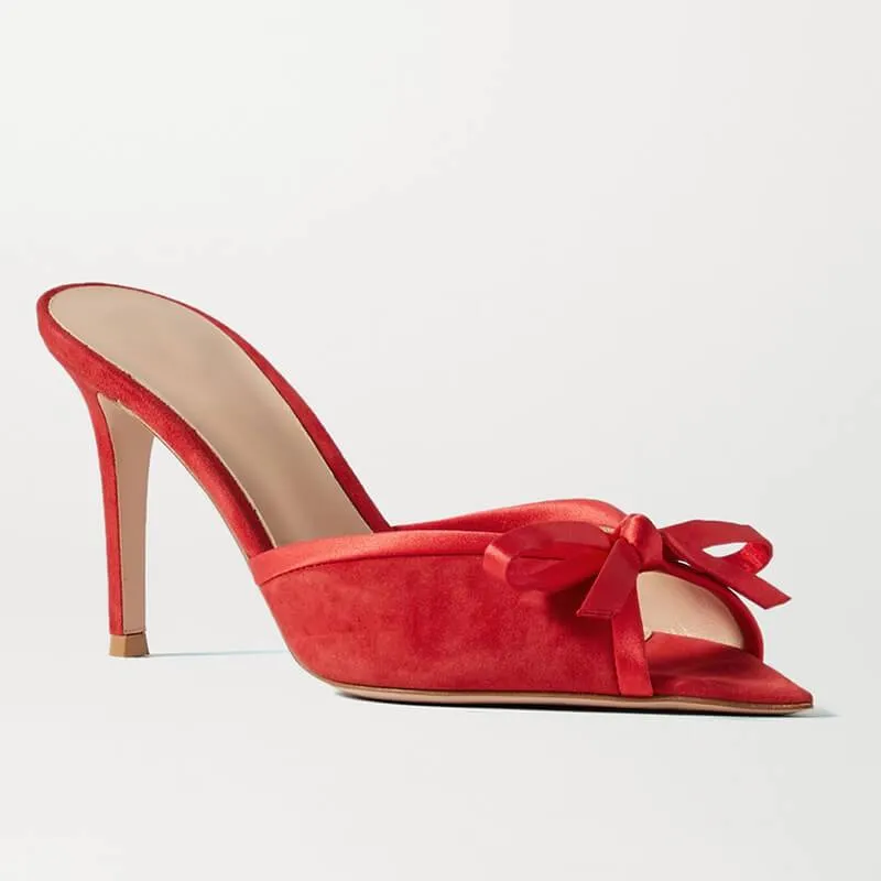 Summer Suede Bow Peep Toe High Heel Mule Sandals