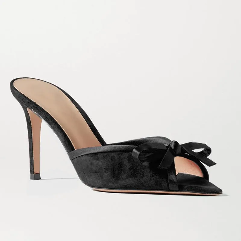 Summer Suede Bow Peep Toe High Heel Mule Sandals