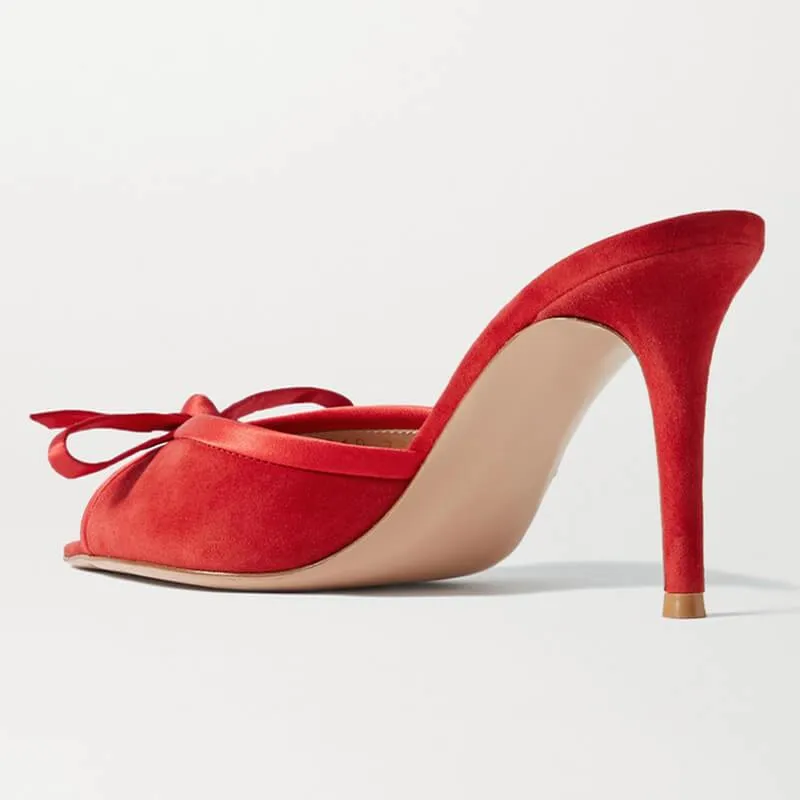 Summer Suede Bow Peep Toe High Heel Mule Sandals