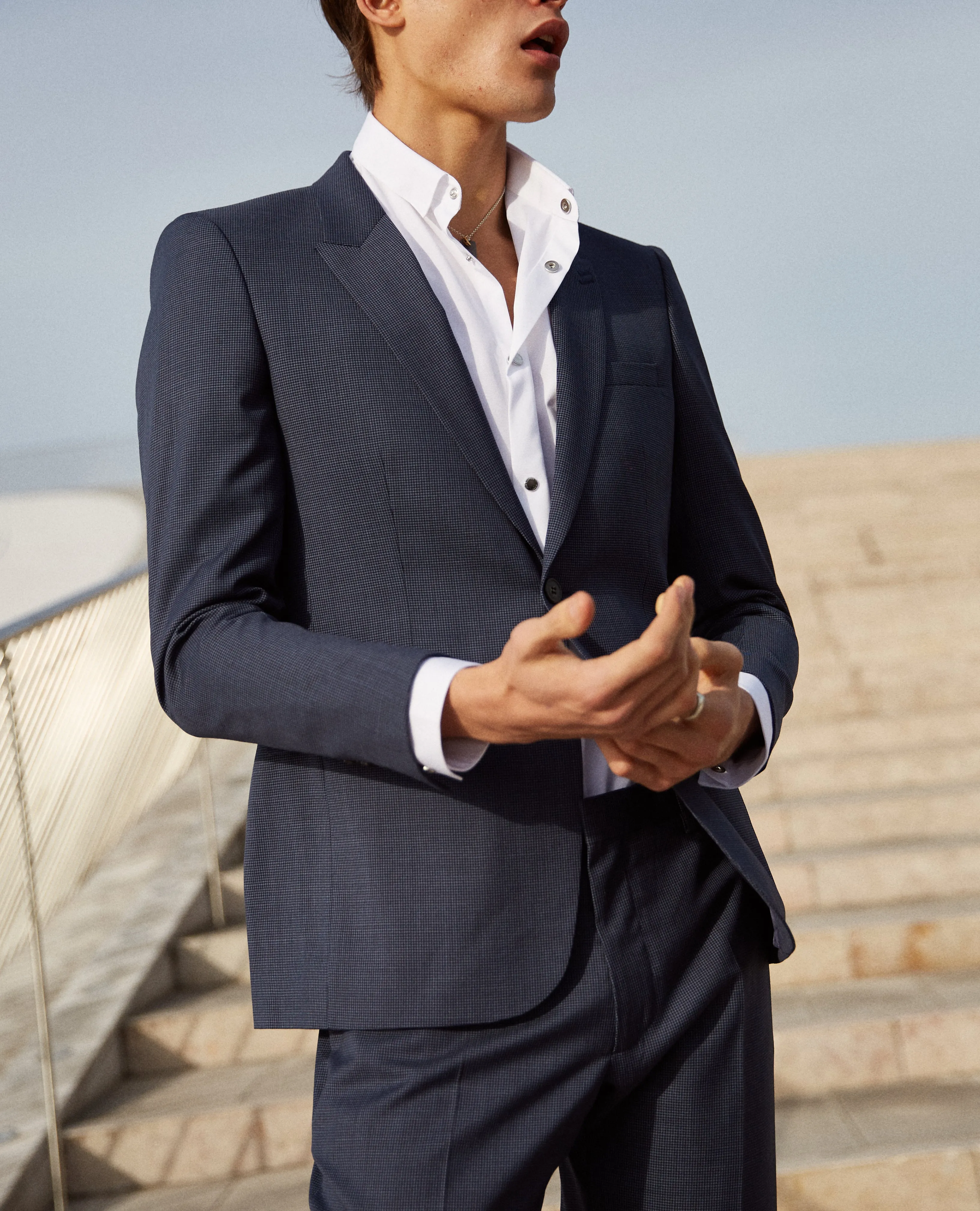 Veste de costume slim bleu clair à micro carreaux