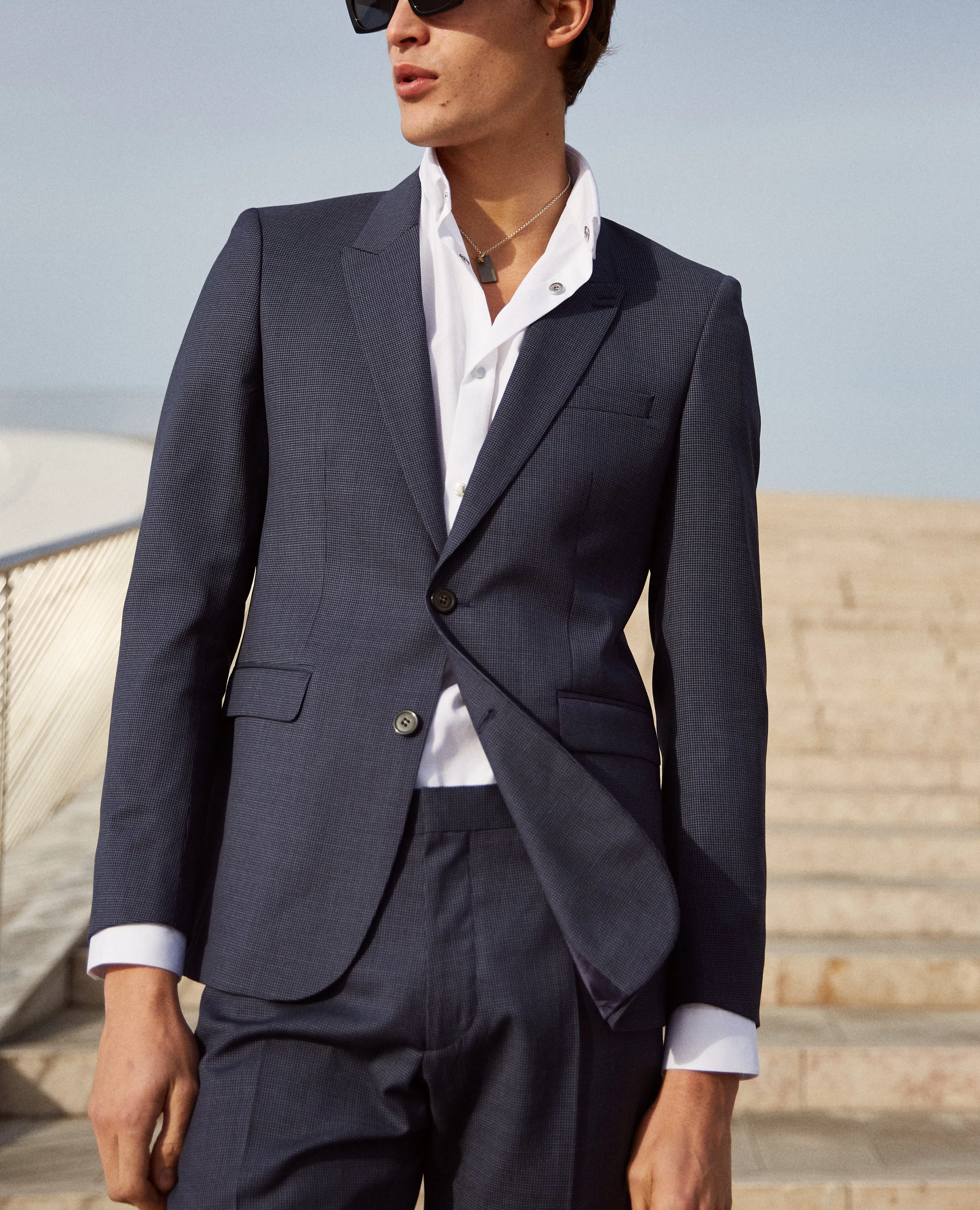 Veste de costume slim bleu clair à micro carreaux